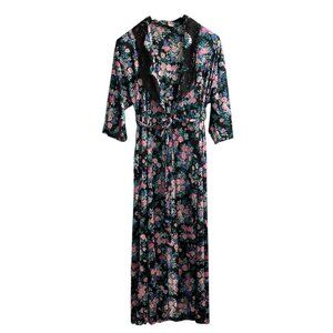 Vintage Vanity Robe Womens M Black Floral Satin Lace Trim Sweep‎ Peignoir Lounge